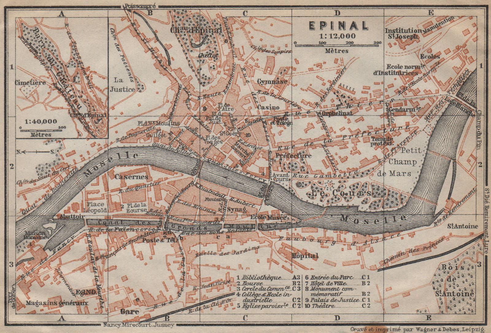 EPINAL antique town city plan de la ville. Vosges. Épinal carte 1909 old map